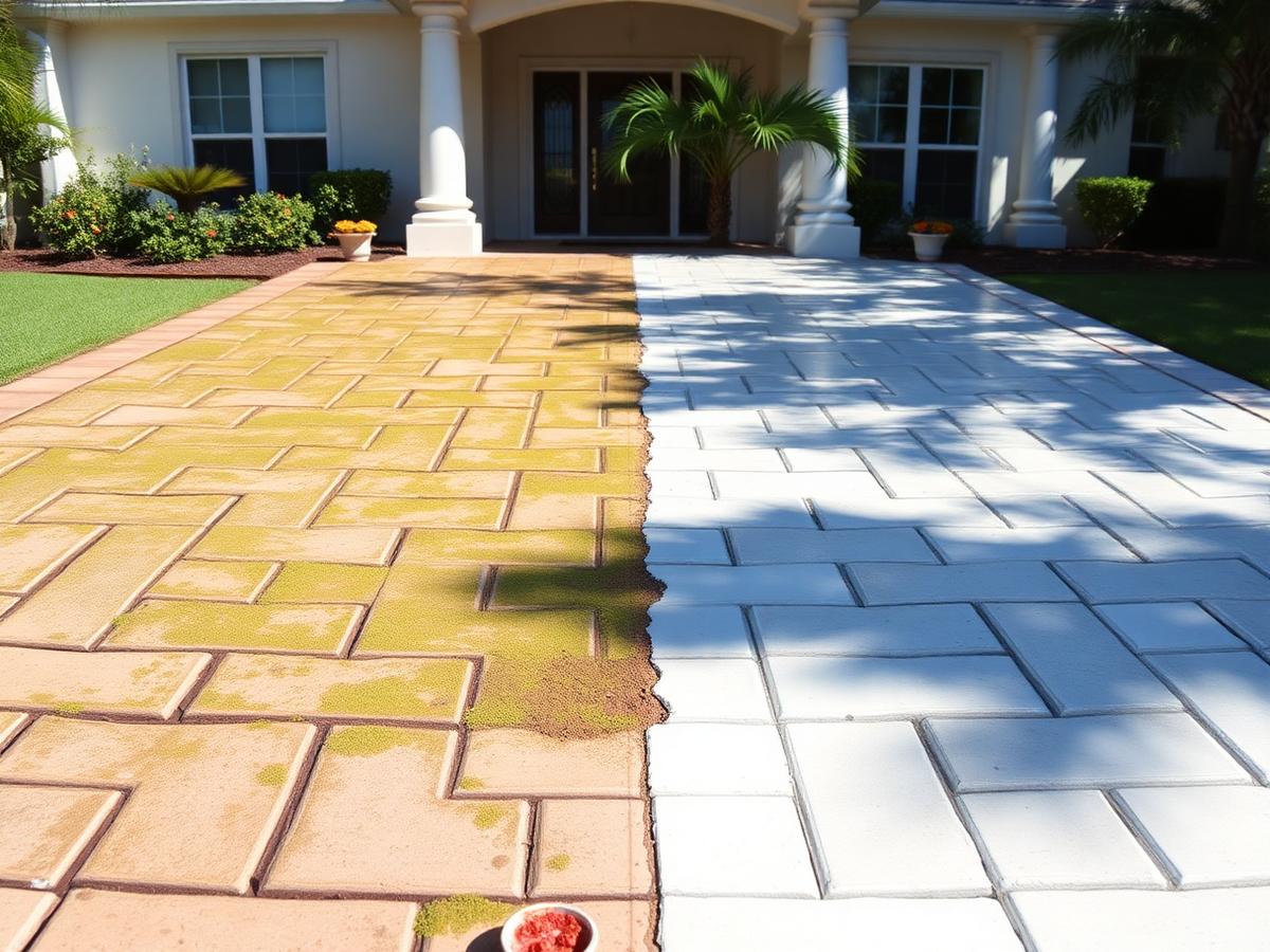 Paver driveway half covered in green algae and half cleaned